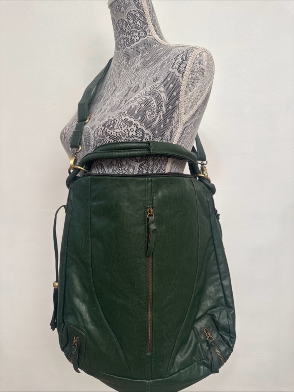 Dark Green Leather Convertible Shoulder Bag